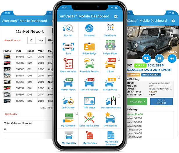 Simcasts Mobile Dashboard on three phones showing the market report, dashboard menu and live simulcast bidding